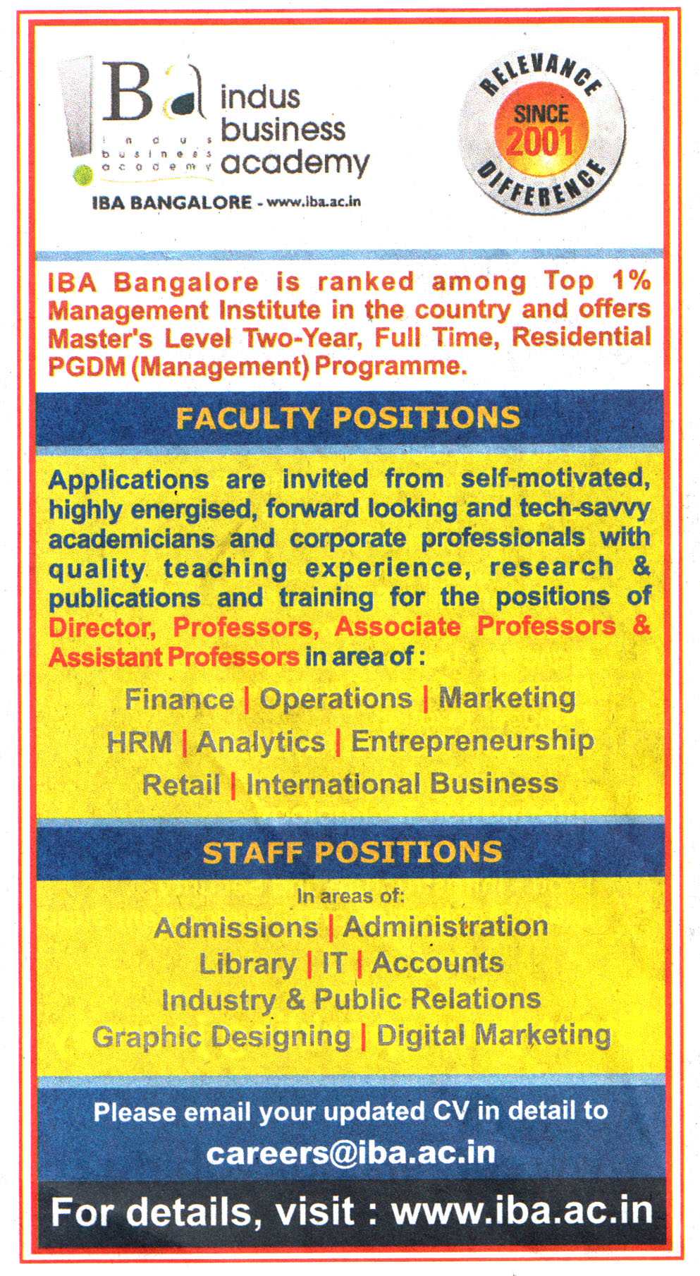 College Jobs Indus Business Academy (IBA) Bangalore Recruitment