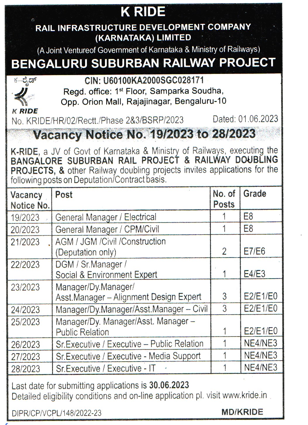 Government Jobs Rail Infrastructure Development Company (K Ride) Karnataka Recruitment