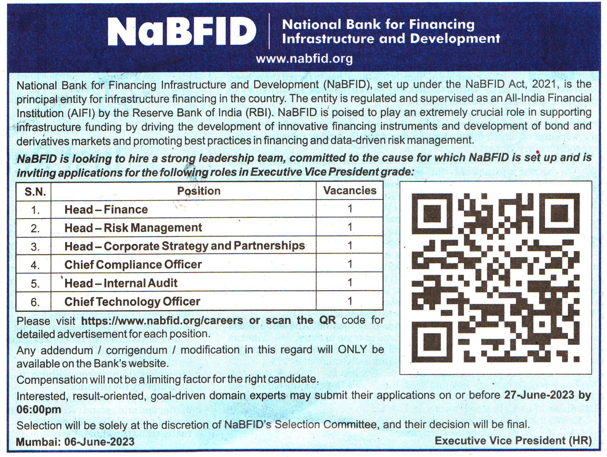 Bank Jobs National Bank for Financing Infrastructure and Development (NBFID) Recruitment