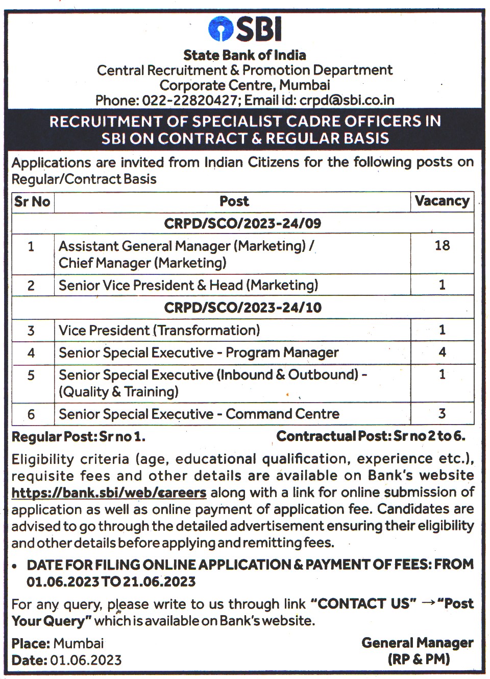 Bank Jobs State Bank of India (SBI) Mumbai Recruitment