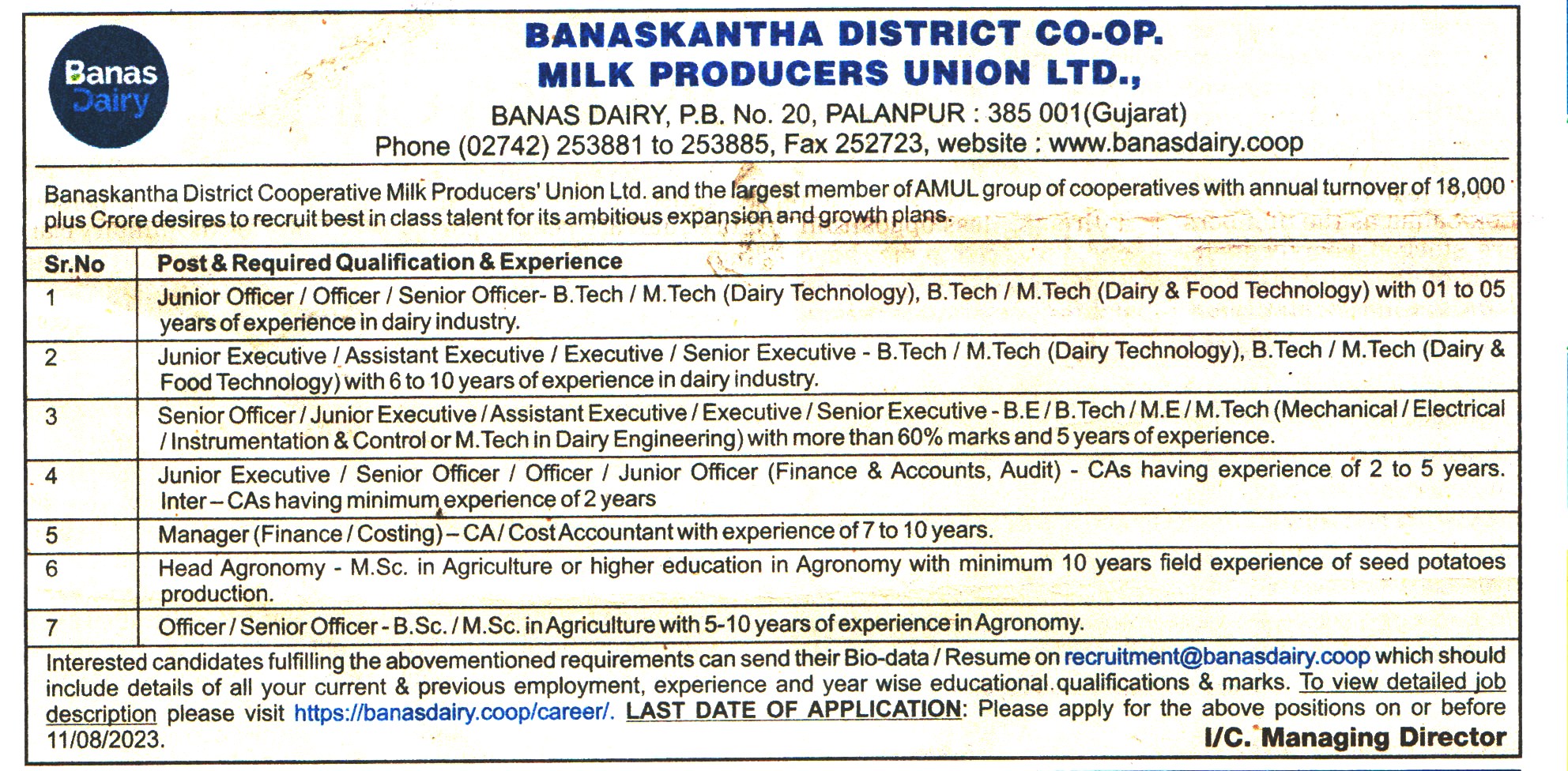 Banas Dairy Palanpur Recruitment