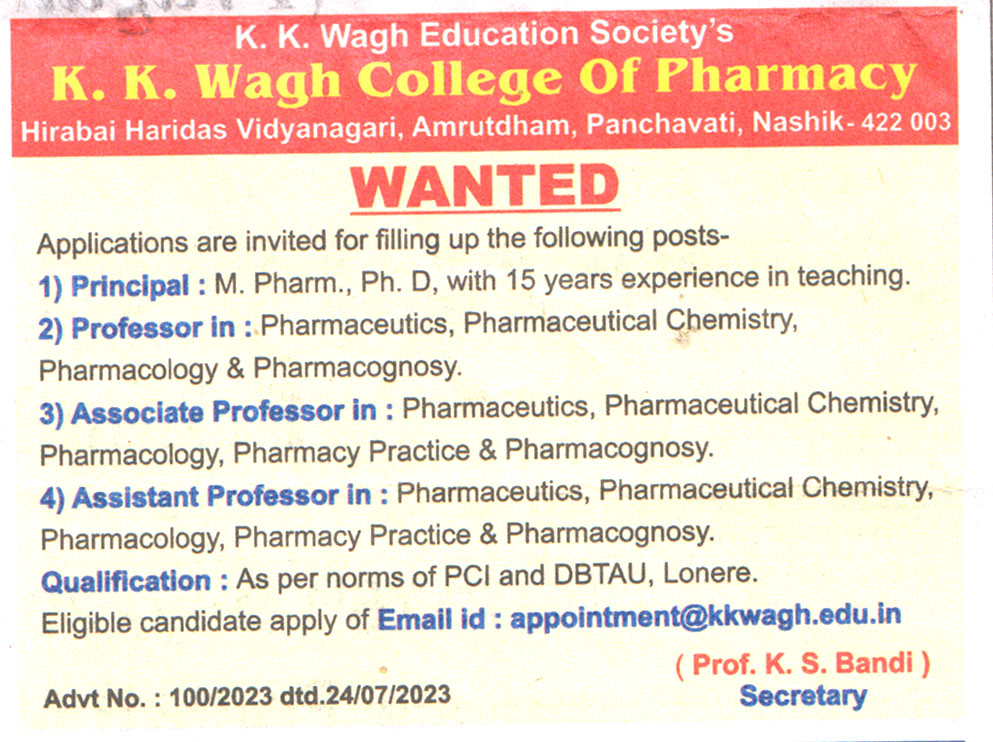 KK Wagh College of Pharmacy Nashik Recruitment