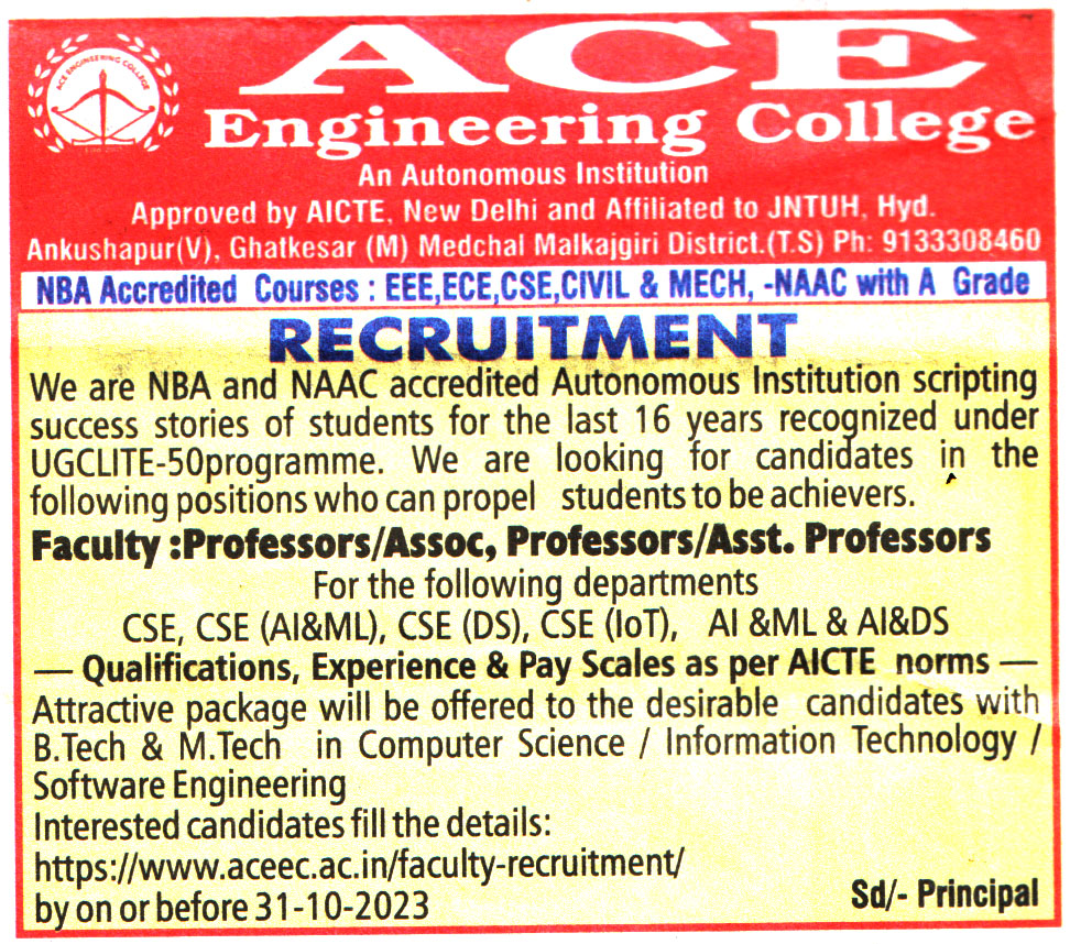 ACE Engineering College Recruitment