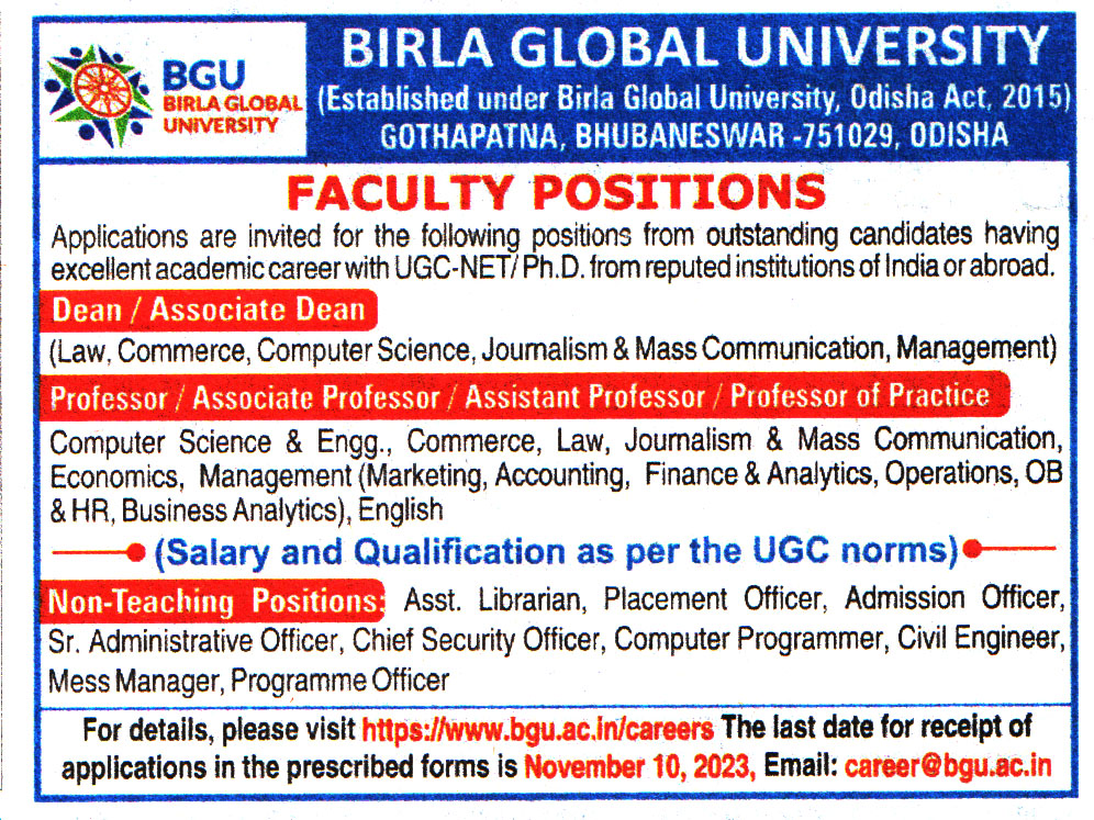 Birla Global University Bhubaneswar Recruitment