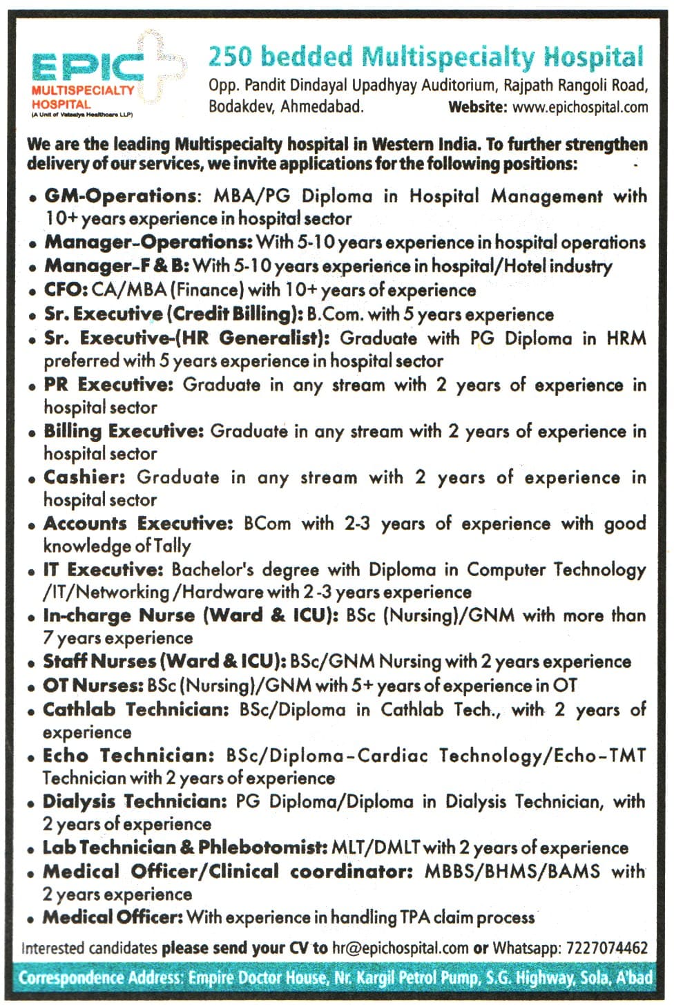 EPIC Multispecialty Hospital Ahmedabad Recruitment