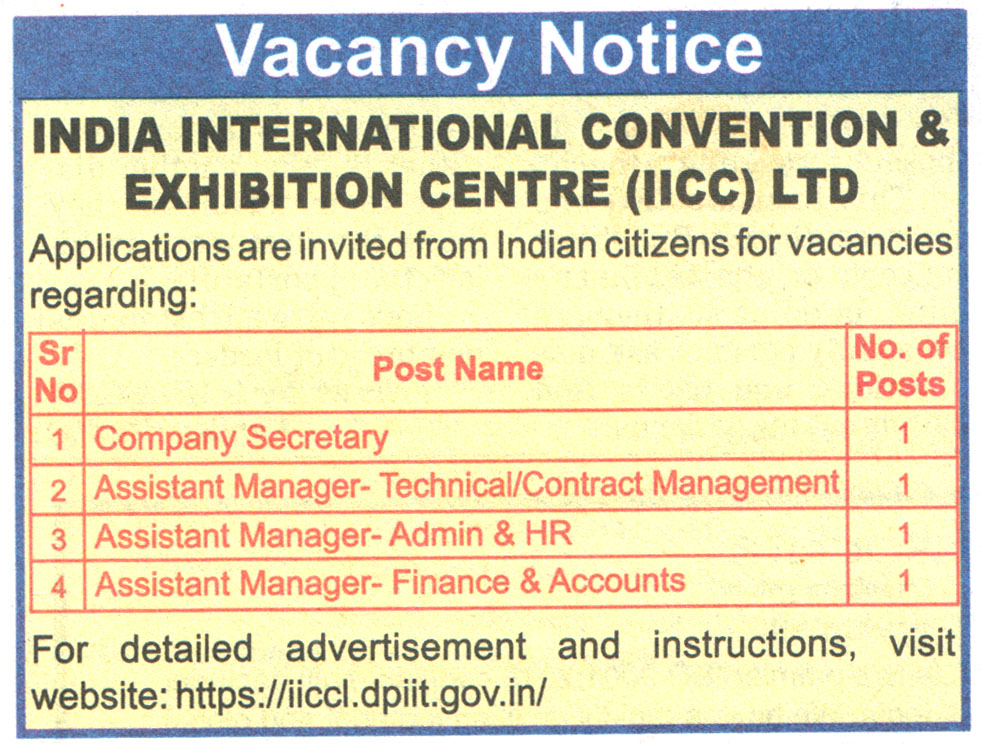 India International Convention & Exhibition Centre (IICC) Recruitment