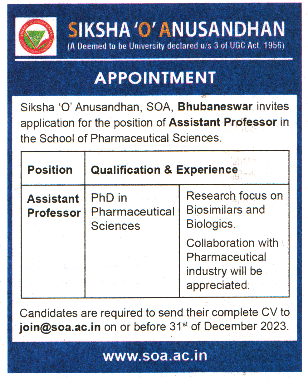 Siksha o Anusandhan (SOA) Bhubaneswar Recruitment