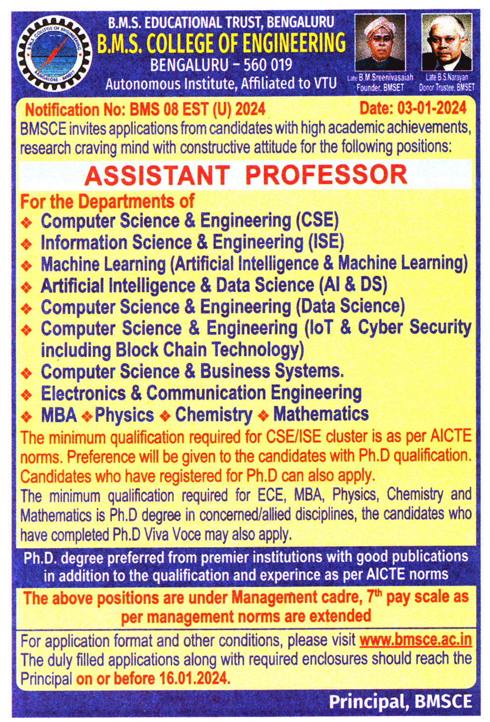 BMS College Of Engineering Bengaluru Recruitment