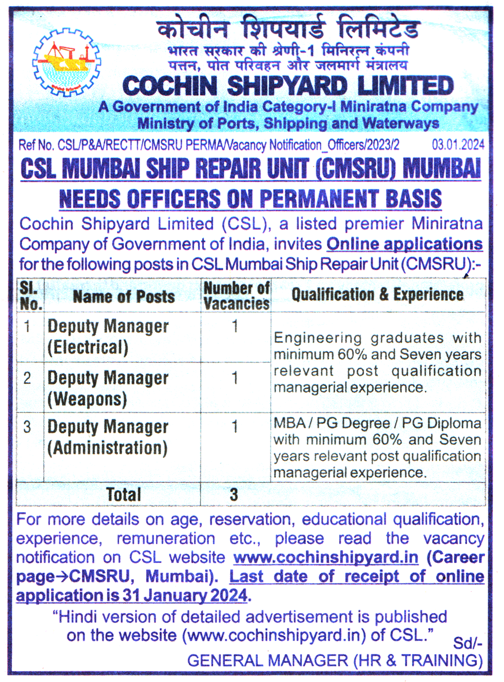 Cochin Shipyard Limited (CSL) Recruitment