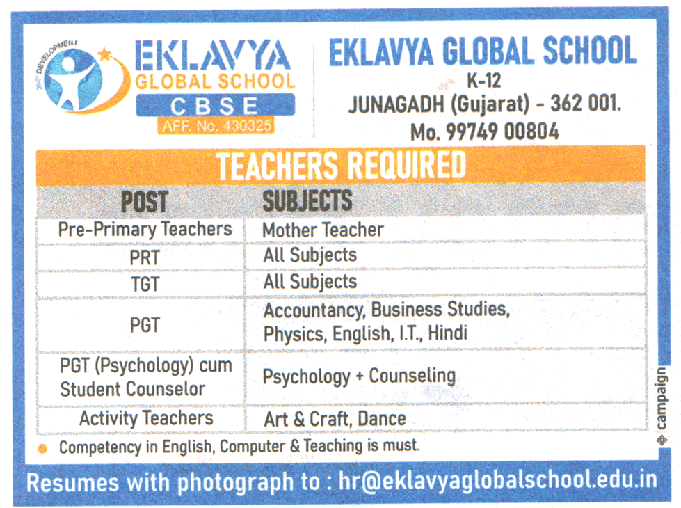 Eklavya Global School Junagadh Recruitment