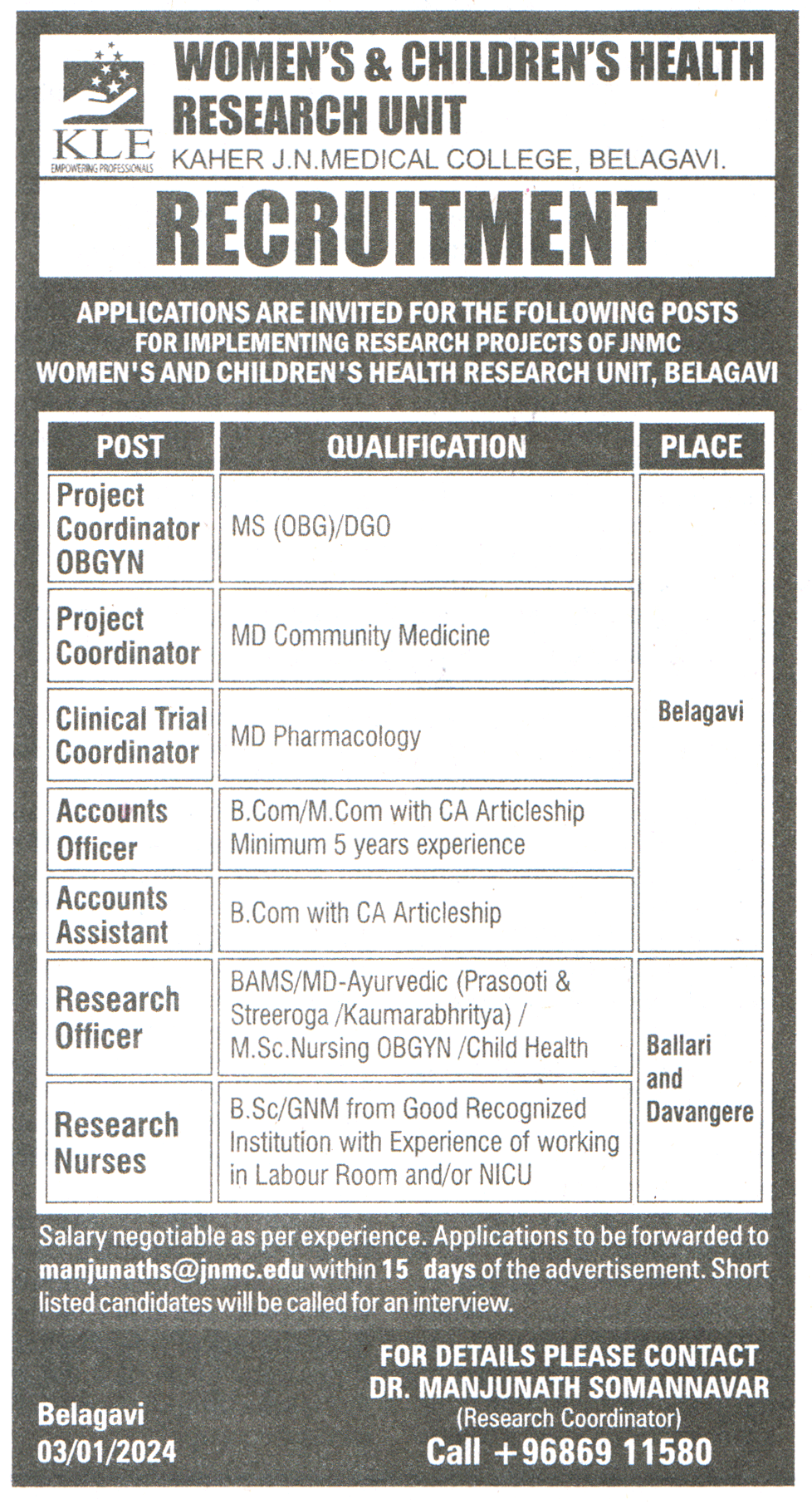 Kaher J.N. Medical College Belagavi Recruitment