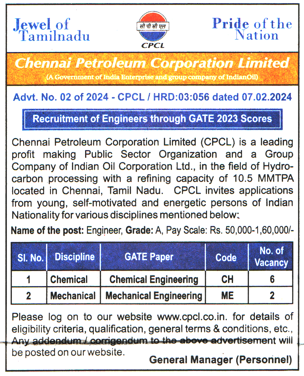 Chennai Petroleum Corporation Limited (CPCL) Chennai Recruitment