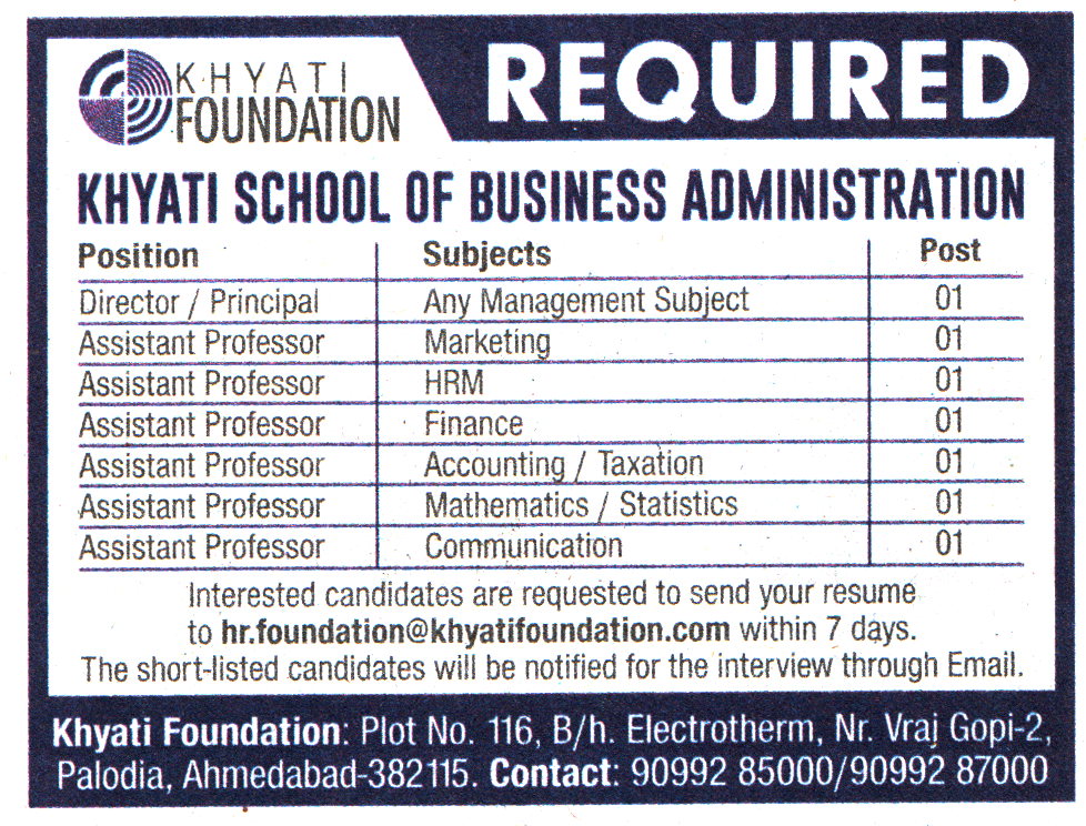 Khyati Foundation Ahmedabad Recruitment