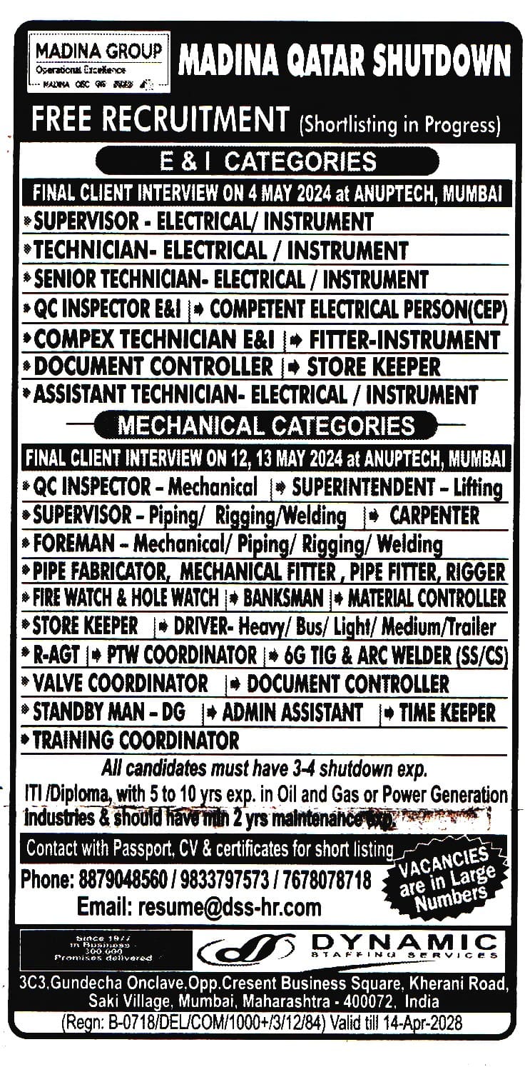 Jobs in Madina Qatar for Electrical Supervisor