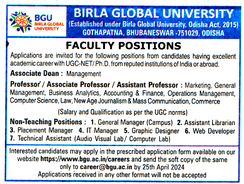 Birla Global University (BGU) Bhubaneswar Recruitment