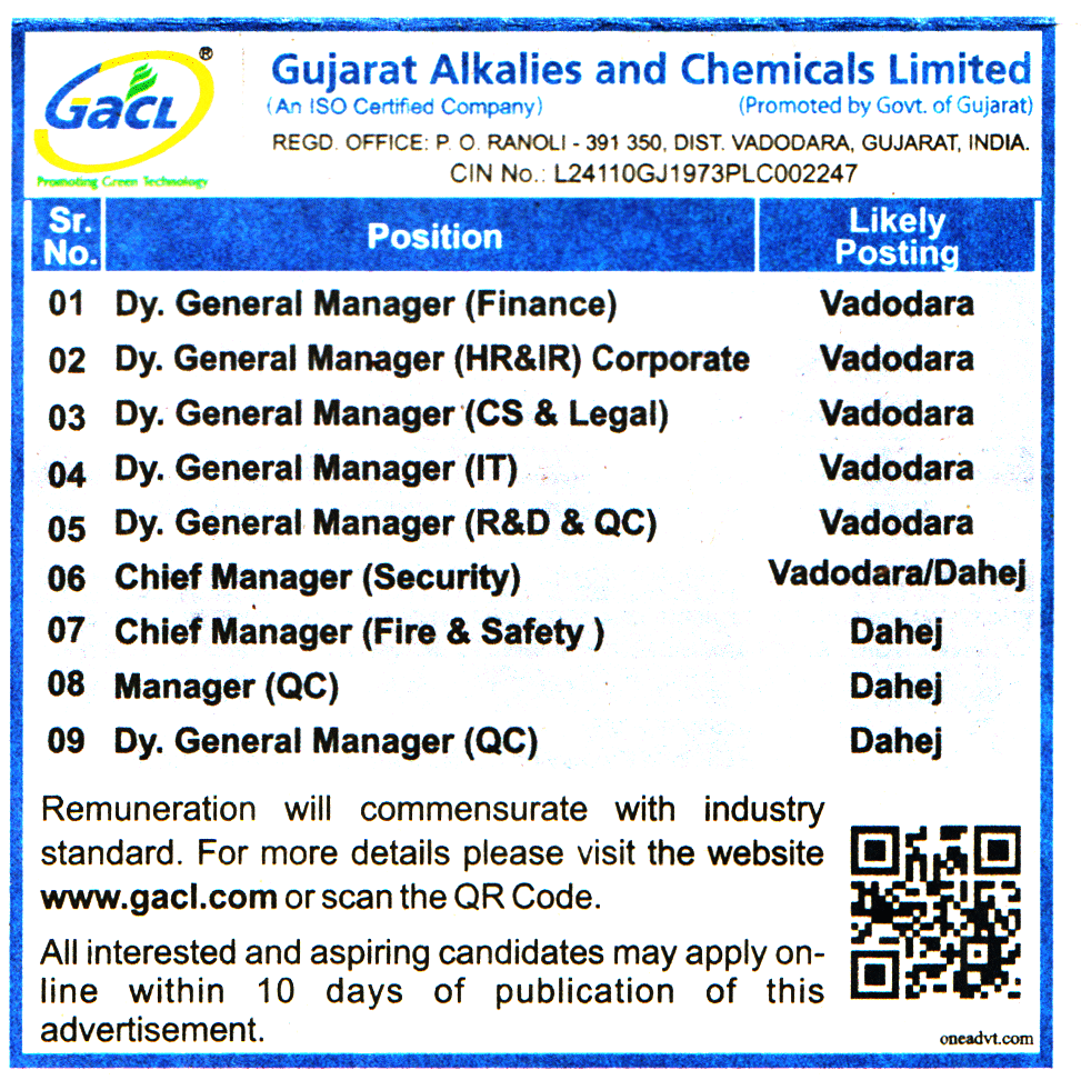 Gujarat Alkalies and Chemicals Limited (GACL) Vadodara Recruitment