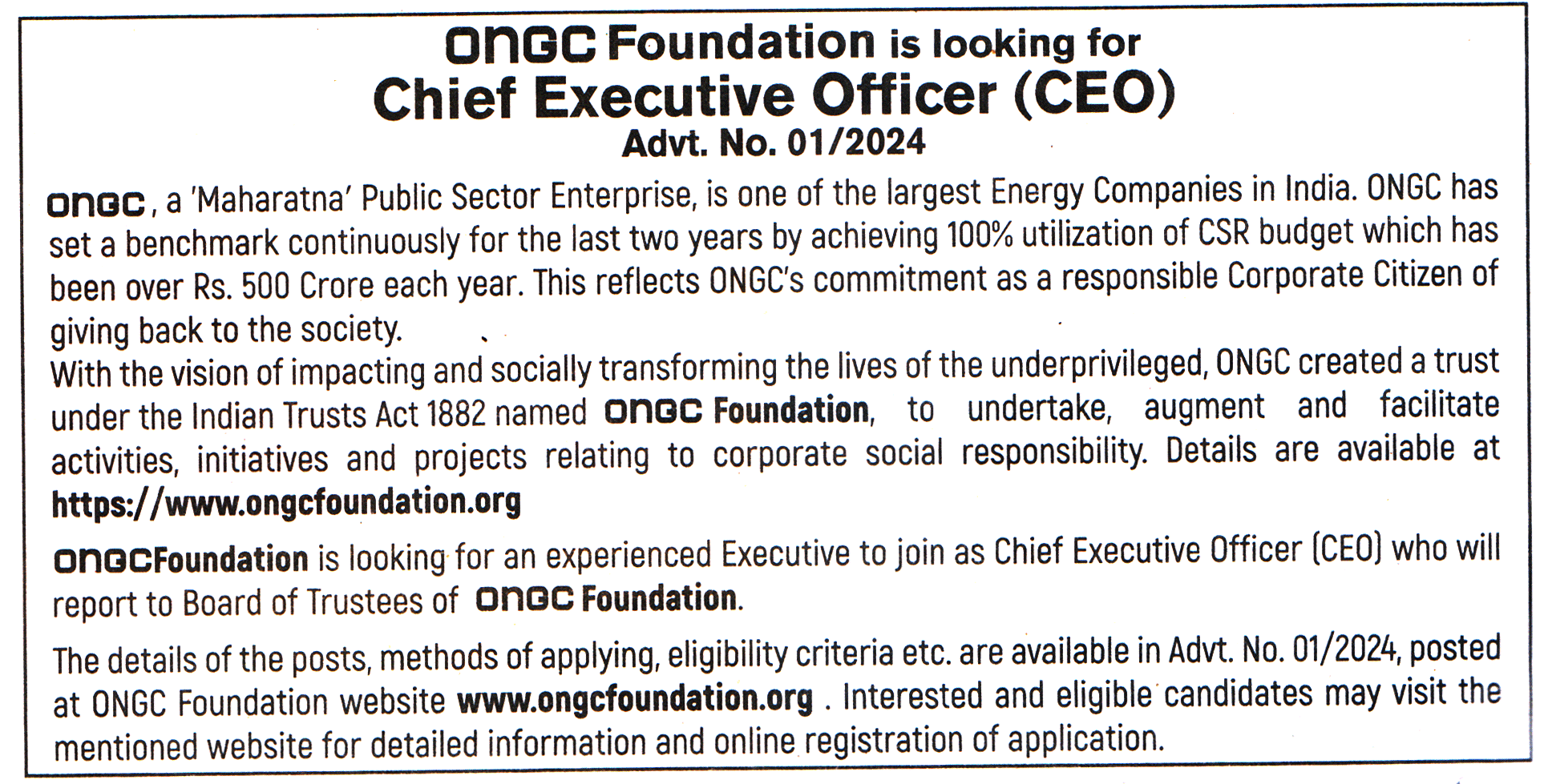ONGC Foundation New Delhi Recruitment