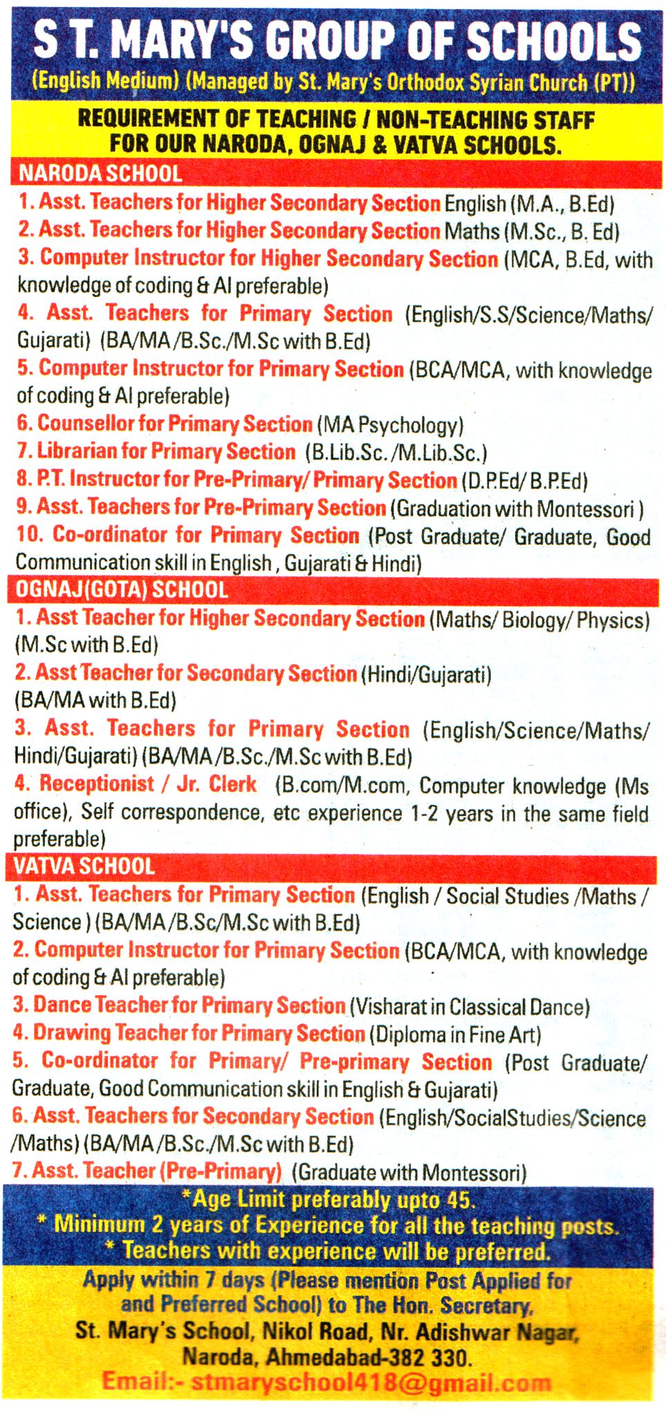 S T Marys Group of Schools Naroda Recruitment
