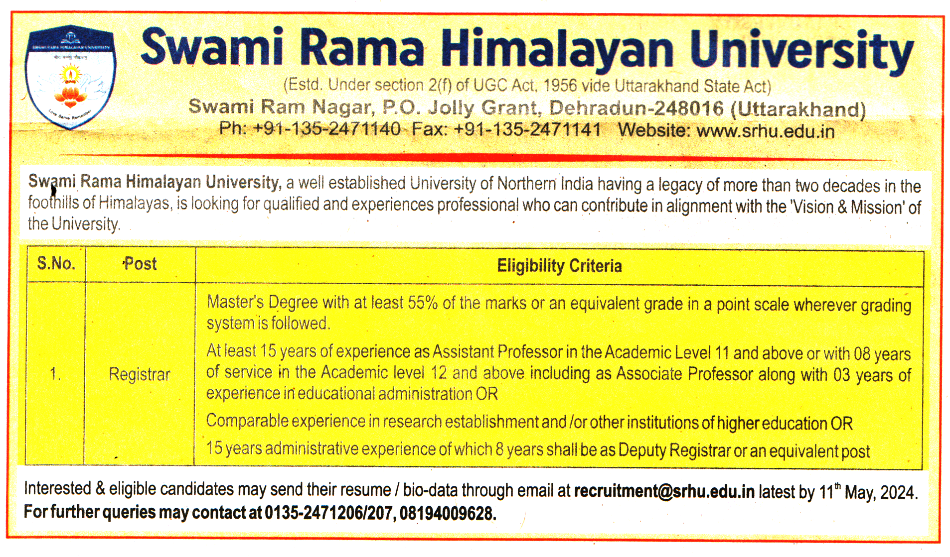 Swami Rama Himalayan University (SRHU) Dehradun Recruitment