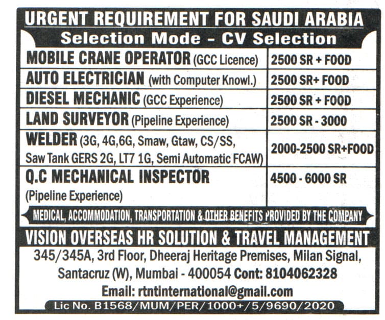 Jobs in Saudi Arabia for QC Mechanical Inspector