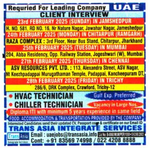 Jobs in UAE for HVAC & Chiller Technician