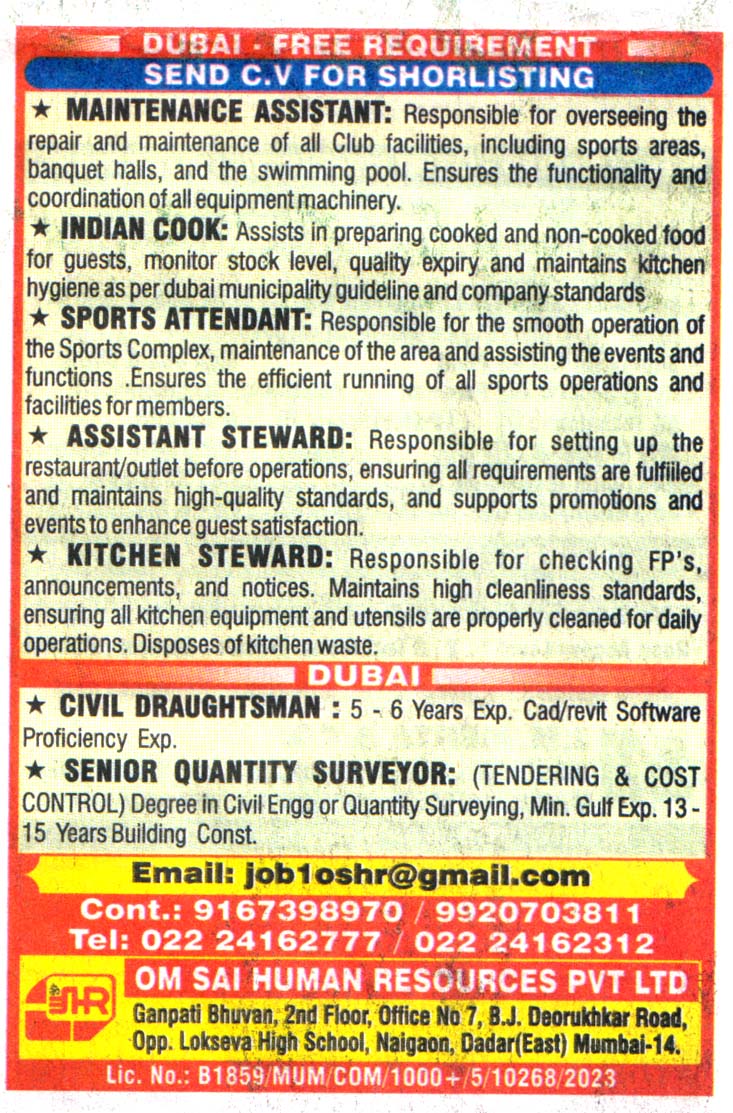 Jobs in Dubai for Assistnat Steward