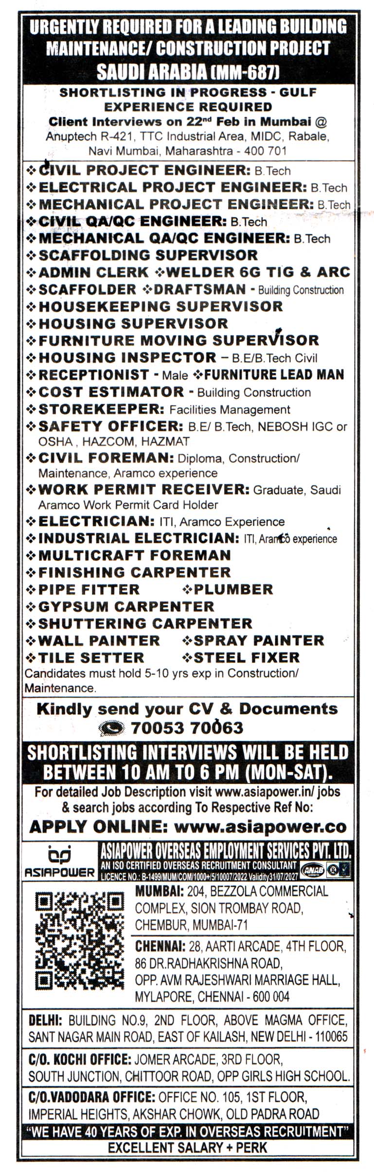 Scaffolding Supervisor for Jobs in Saudi Arabia