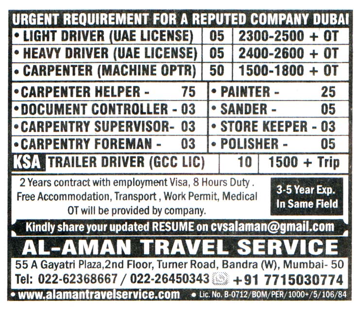 Jobs in Dubai for Carpentry Foreman
