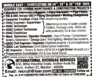 Jobs in Middle East for HVAC Electrician
