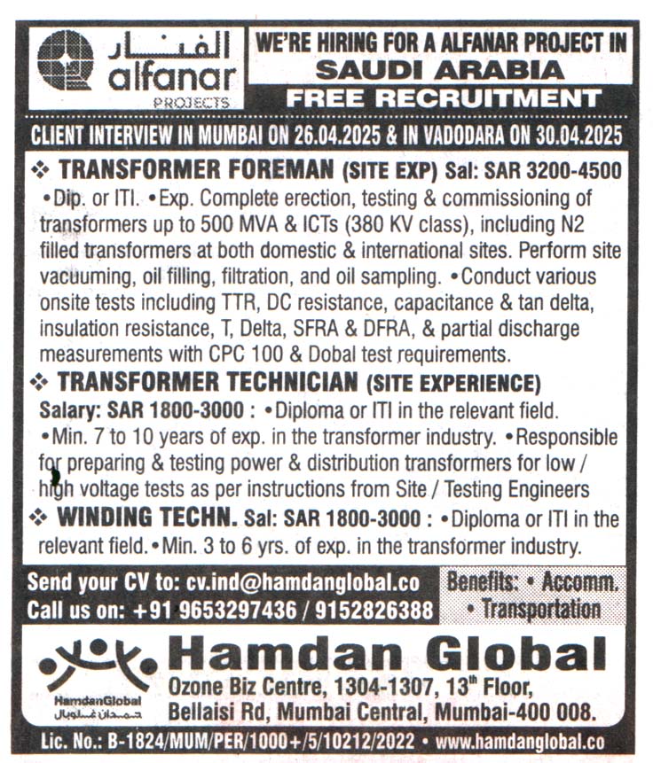 Jobs in Saudi Arabia for Transformer Foreman