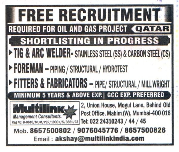 Jobs in Qatar for Hydrotest Foreman