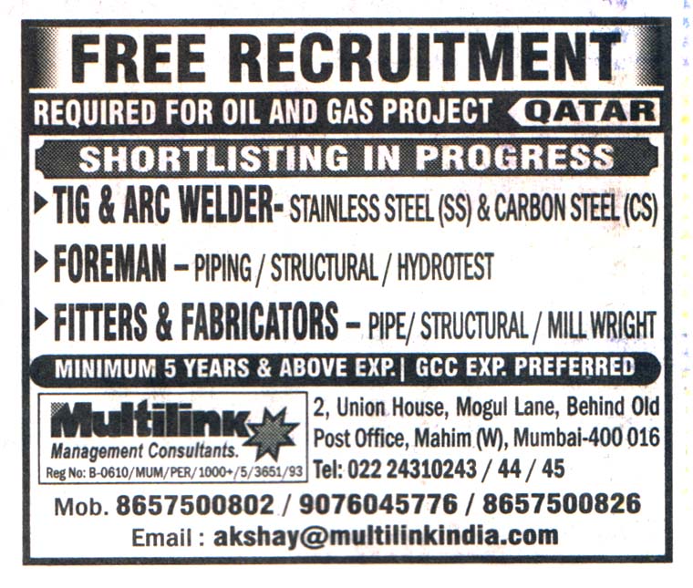 Jobs in Qatar for Hydrotest Foreman