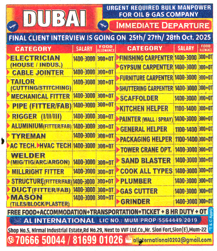Jobs in DUBAI for Cutting Tailor