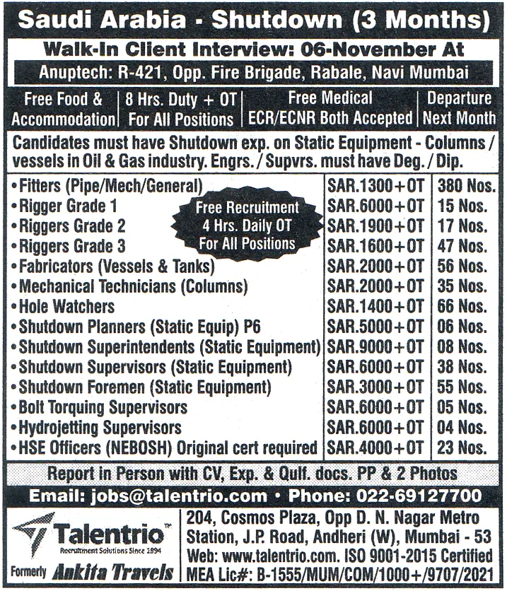 Shutdown Foremen Job in Saudi Arabia