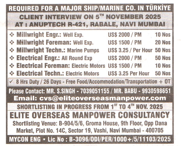 Electrical Foreman Job in Turkiye