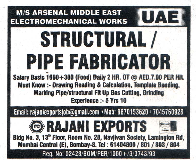 Structural - Pipe Fabricator Job in UAE