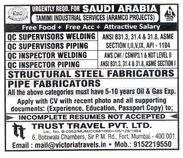 STRUCTURAL STEEL FABRICATORS Job in Saudi Arabia