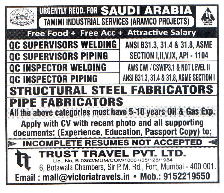 STRUCTURAL STEEL FABRICATORS Job in Saudi Arabia