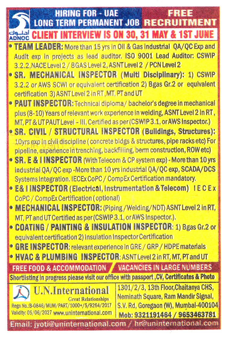 E & I INSPECTOR Job in UAE