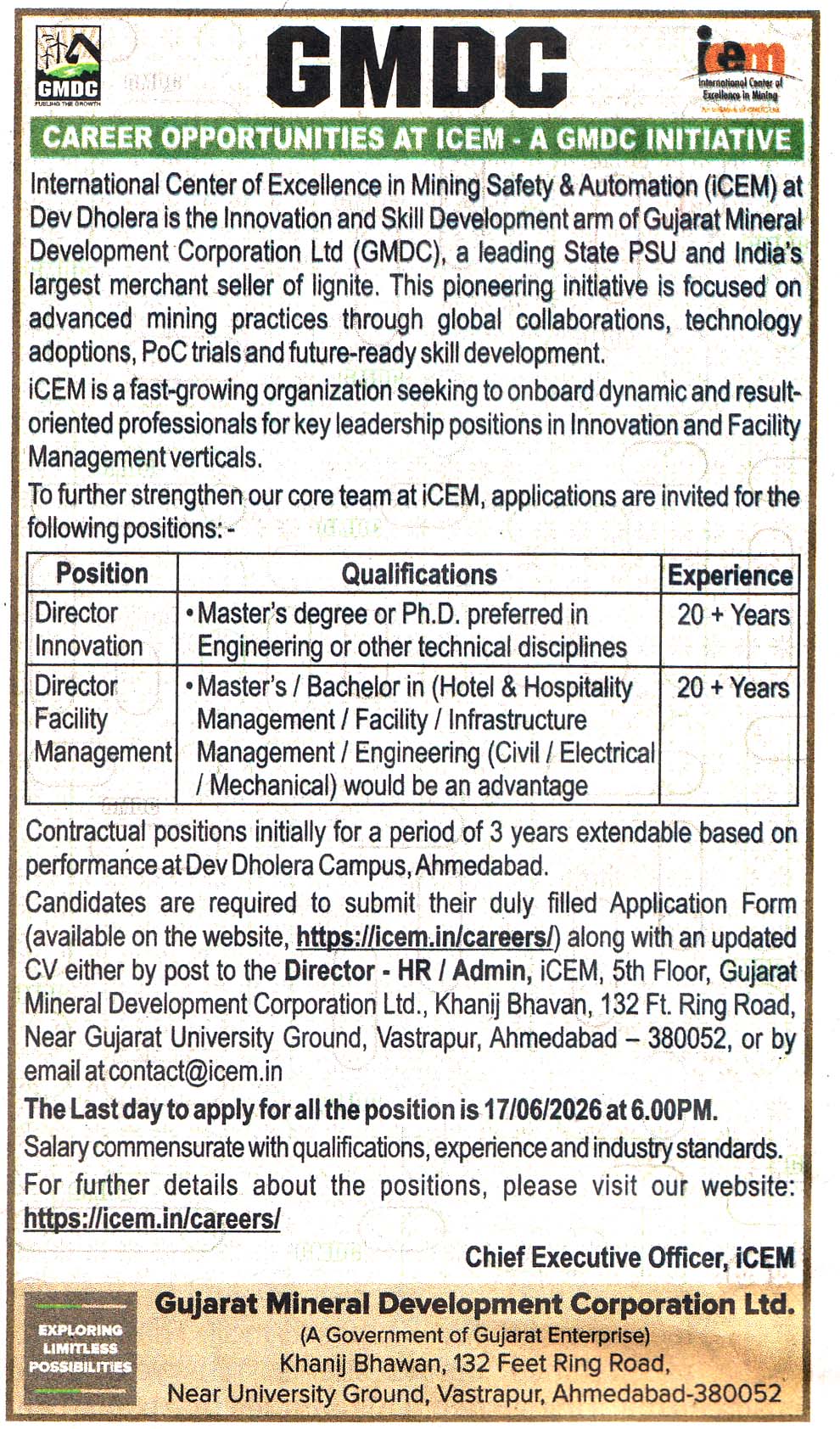Gujarat Mineral Development Corporation Ltd (GMDC) Ahmedabad Recruitment 2026