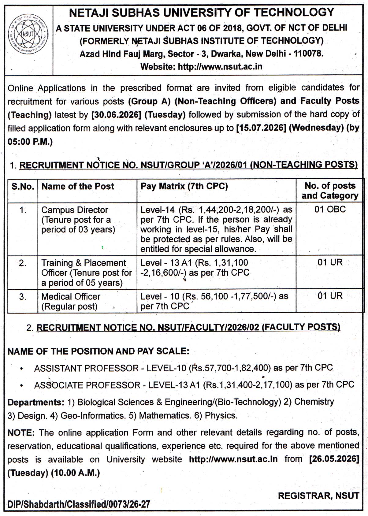 Netaji Subhas University of Technology New Delhi Recruitment