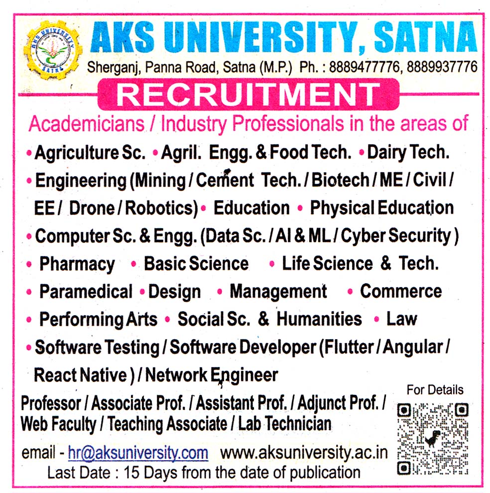 AKS University Satna Recruitment AKS University Satna Recruitment