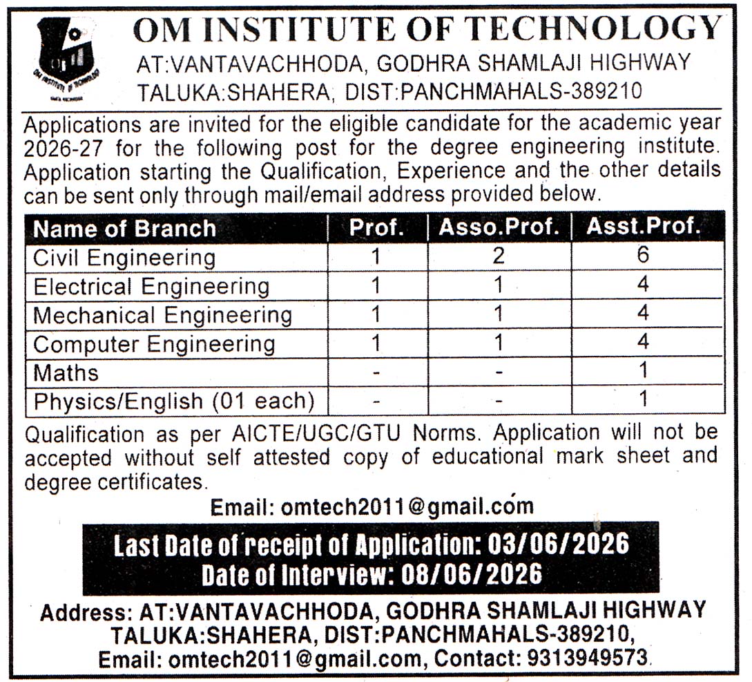 OM Institute of Technology Panchmahals Recruitment