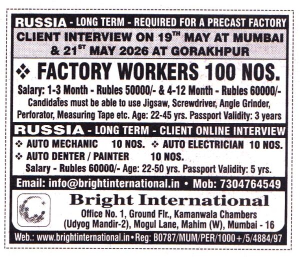 FACTORY WORKERS Job in Russia