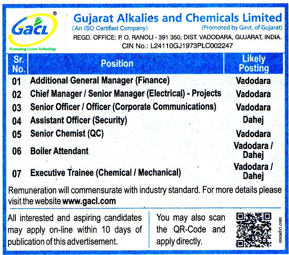 Gujarat Alkalies and Chemicals Limited (GACL) Vadodara Recruitment