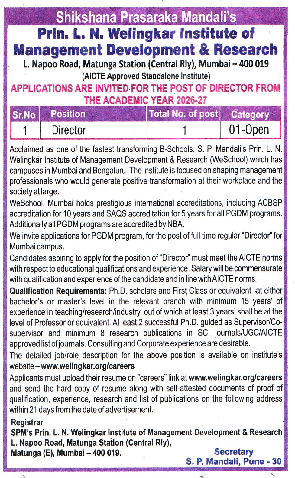 Prin. L. N. Welingkar Institute of Management Development & Research Mumbai Recruitment Prin. L. N. Welingkar Institute of Management Development & Research Mumbai Recruitment