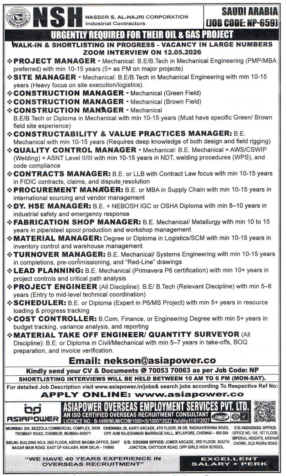 COST CONTROLLER Job in Saudi Arabia