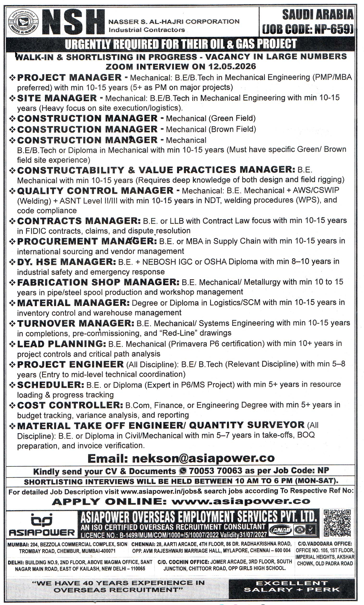 COST CONTROLLER Job in Saudi Arabia
