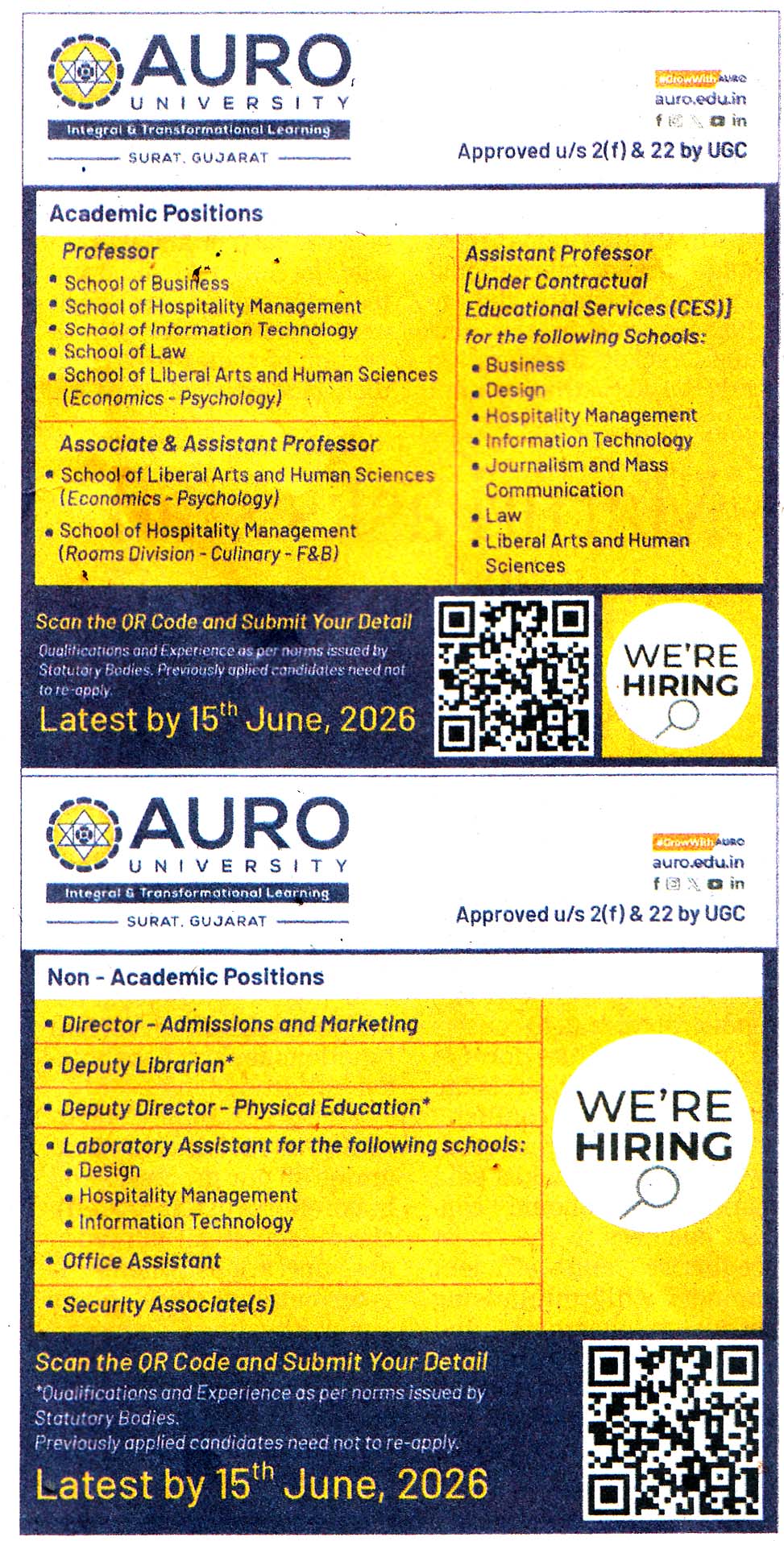 AURO University Surat Recruitment 2026 AURO University Surat Recruitment 2026