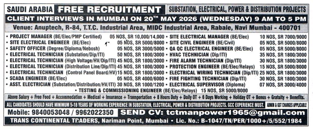 SITE ELECTRICAL ENGINEER Job in Saudi Arabia